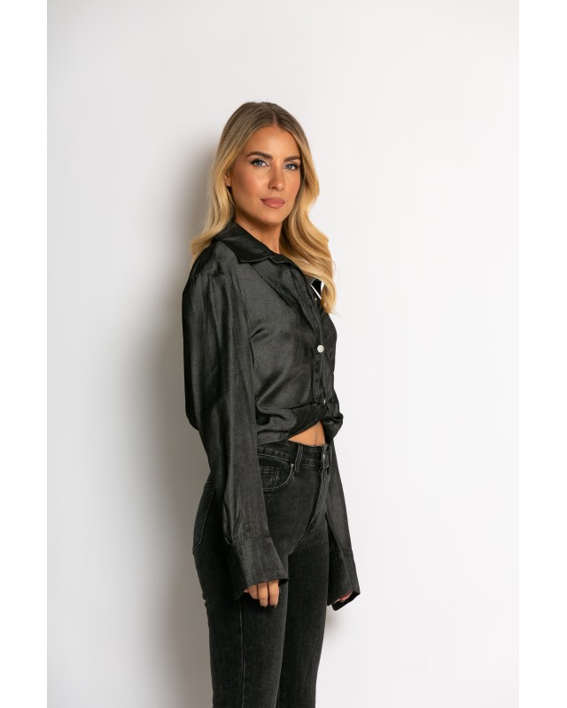 Πουκάμισο cropped με μακρύ μανίκι ανθρακί