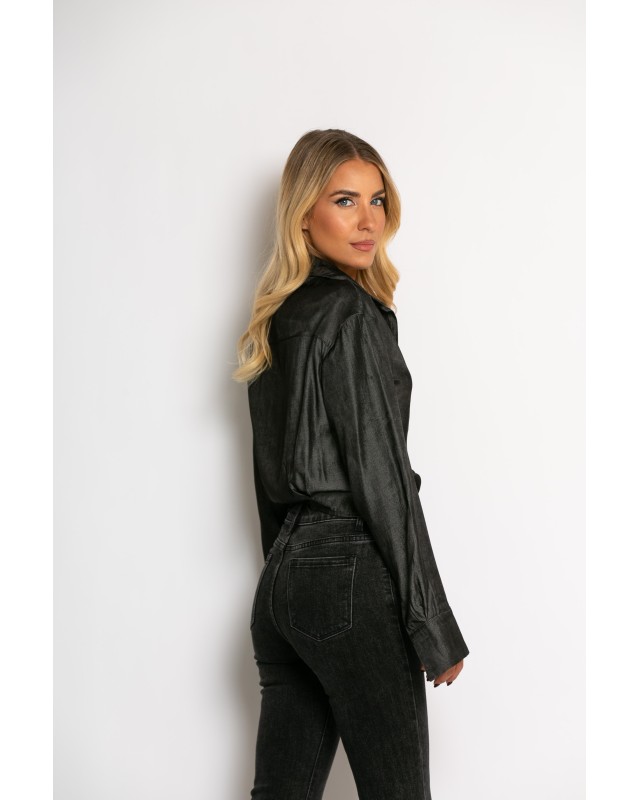 Πουκάμισο cropped με μακρύ μανίκι ανθρακί