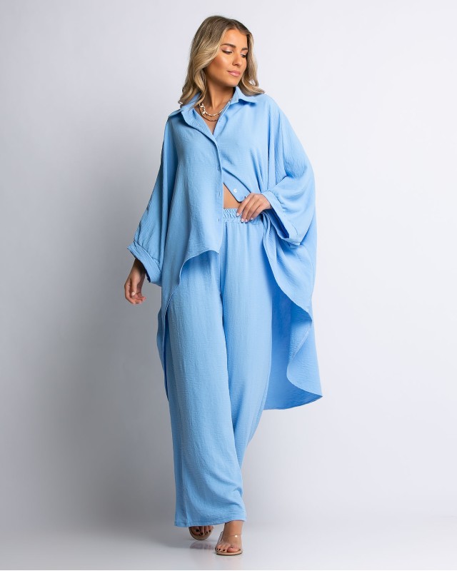 Σετ ασύμμετρη πουκαμίσα και παντελόνα baby blue Σετ ασύμμετρη πουκαμίσα και παντελόνα baby blue