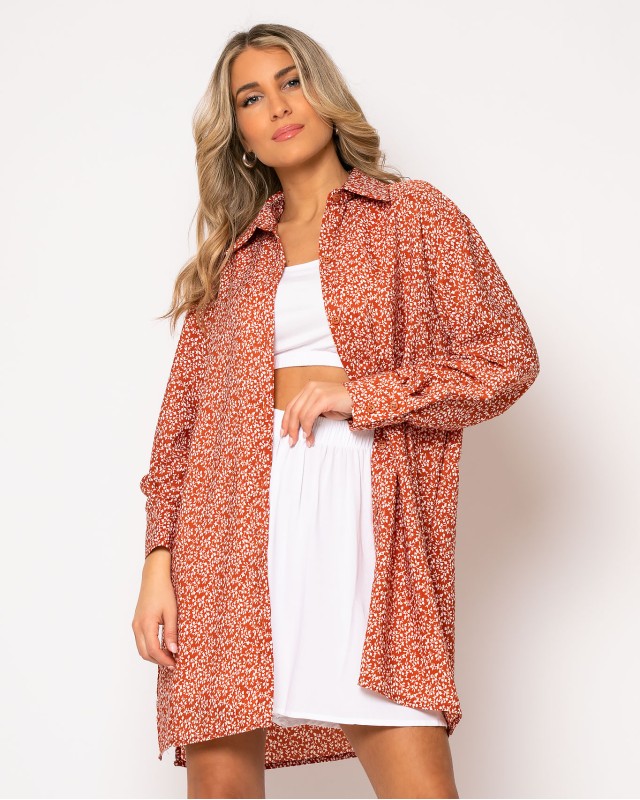 Πουκάμισο μακρυμάνικο oversized με άνοιγμα στο πλάι Κεραμιδί κλαριά Πουκάμισο μακρυμάνικο oversized με άνοιγμα στο πλάι Κεραμιδί κλαριά