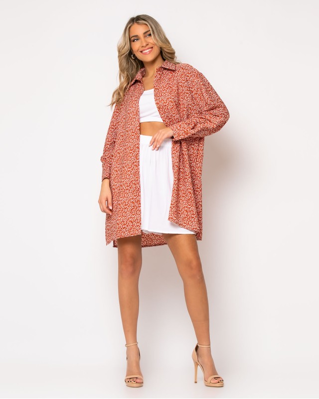 Πουκάμισο μακρυμάνικο oversized με άνοιγμα στο πλάι Κεραμιδί κλαριά Πουκάμισο μακρυμάνικο oversized με άνοιγμα στο πλάι Κεραμιδί κλαριά