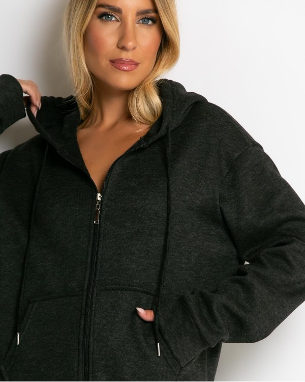 Σετ ζακέτα με κουκούλα με χνούδι & φόρμα μαύρο