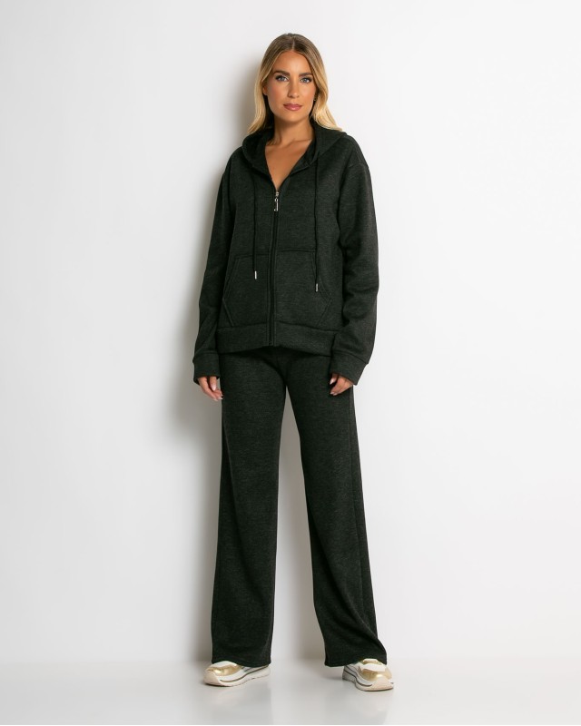 Σετ ζακέτα με κουκούλα με χνούδι & φόρμα μαύρο