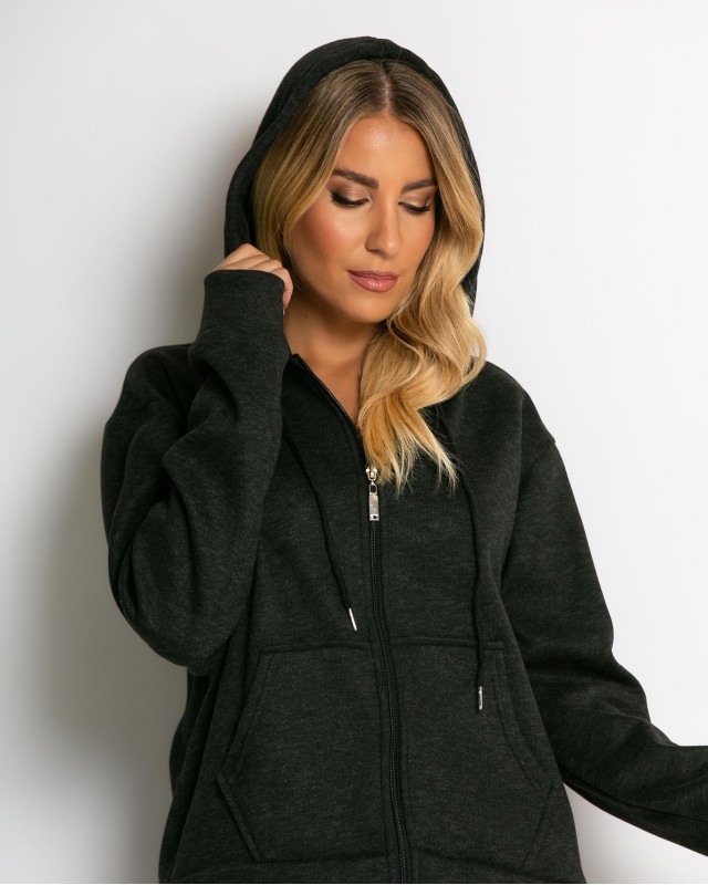 Σετ ζακέτα με κουκούλα με χνούδι & φόρμα μαύρο