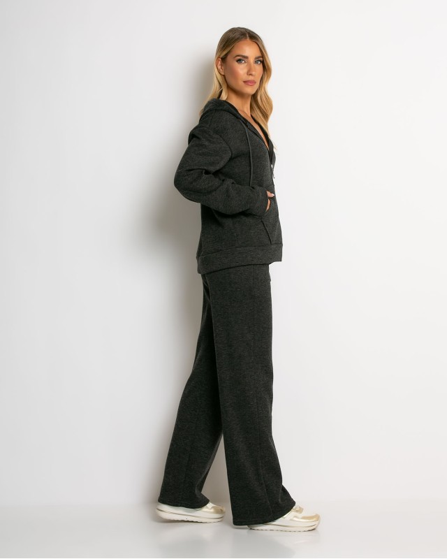 Σετ ζακέτα με κουκούλα με χνούδι & φόρμα ανθρακί