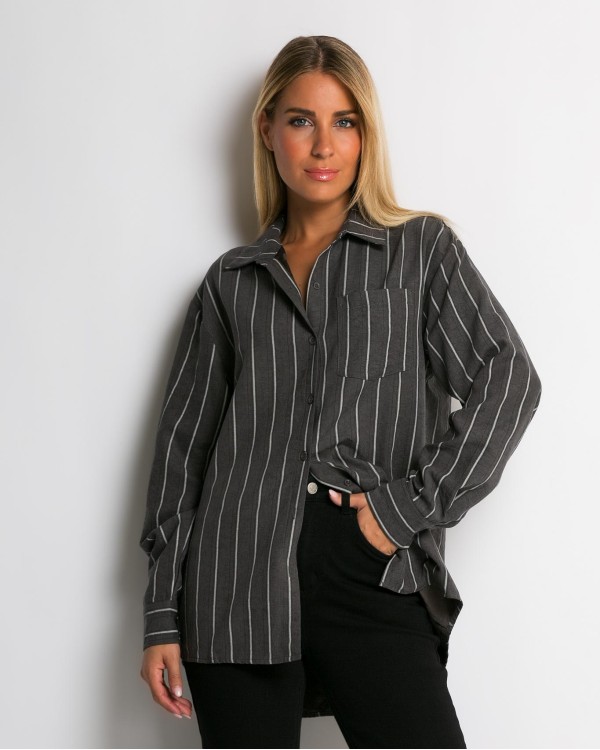 Πουκάμισο ριγέ με μπροστινή τσεπη ανθρακί