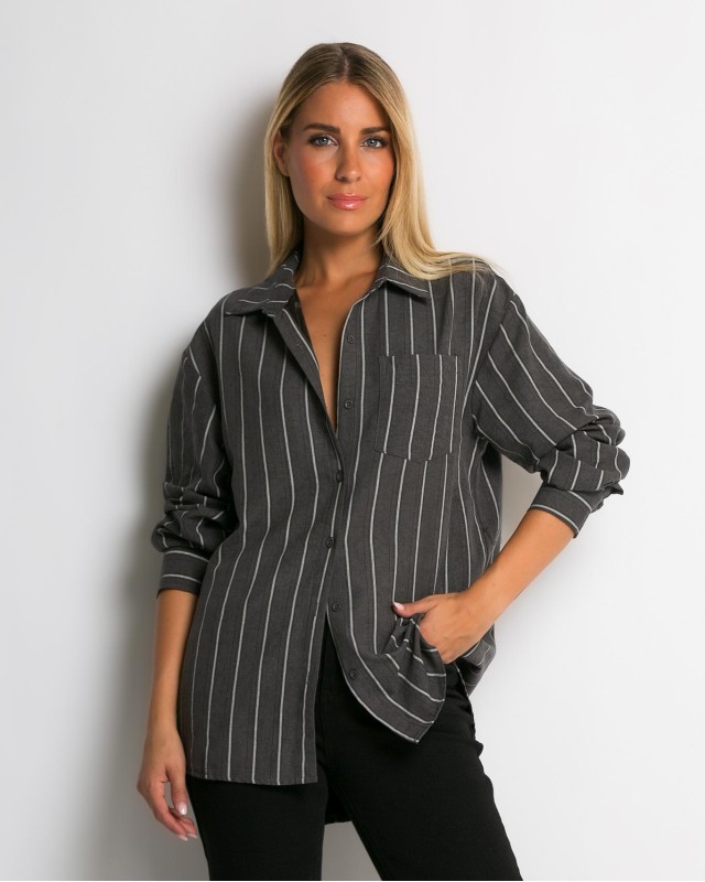 Πουκάμισο ριγέ με μπροστινή τσεπη ανθρακί