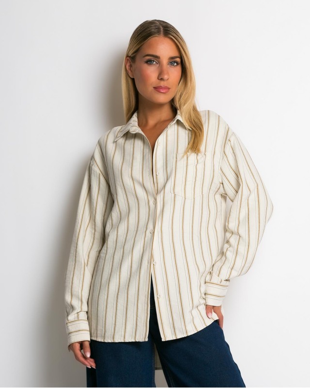 Πουκάμισο ριγέ με μπροστινή τσεπη μπεζ