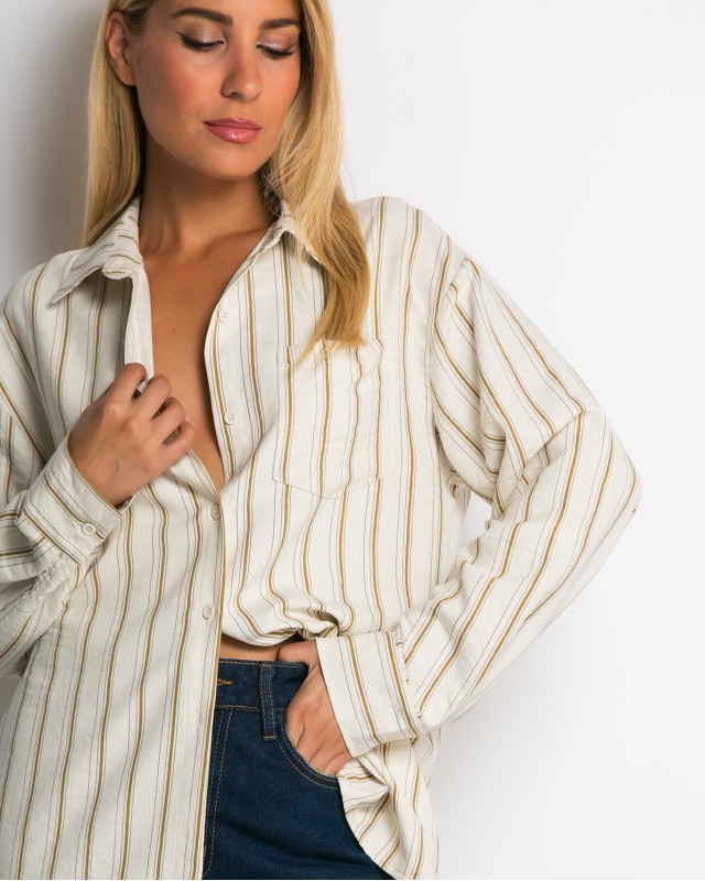 Πουκάμισο ριγέ με μπροστινή τσεπη μπεζ