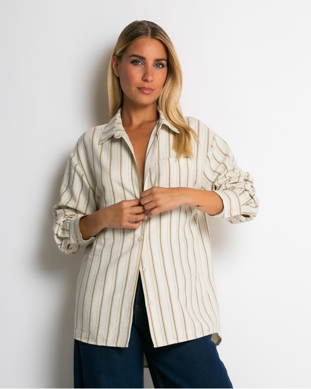 Πουκάμισο ριγέ με μπροστινή τσεπη μπεζ