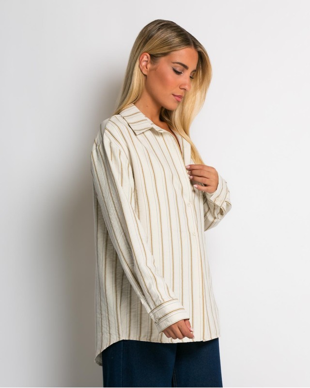 Πουκάμισο ριγέ με μπροστινή τσεπη μπεζ