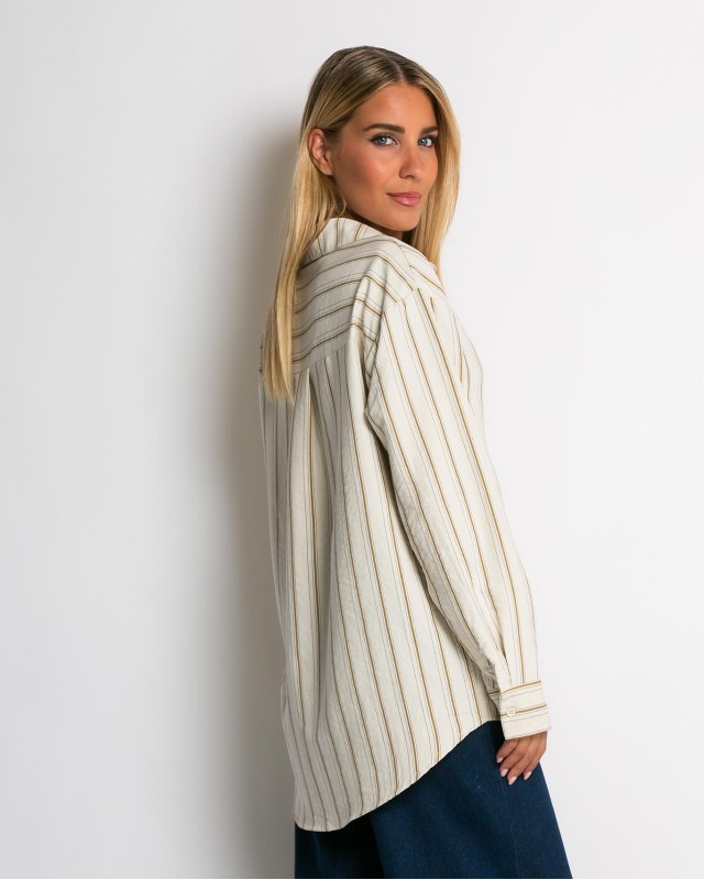 Πουκάμισο ριγέ με μπροστινή τσεπη μπεζ