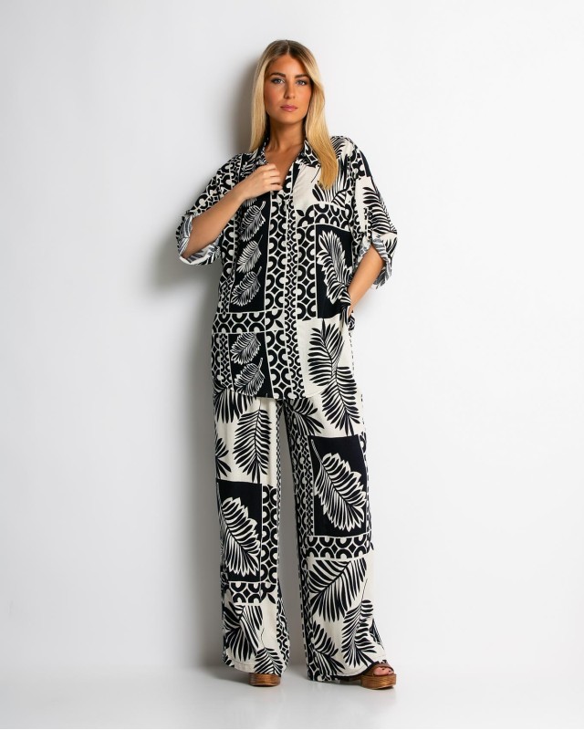 Σετ πουκάμισο και παντελόνι με tropical print navy Σετ πουκάμισο και παντελόνι με tropical print navy