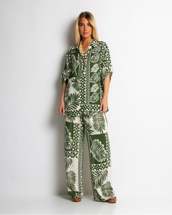 Σετ πουκάμισο και παντελόνι με tropical print navy