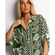 Σετ πουκάμισο και παντελόνι με tropical print λαδί