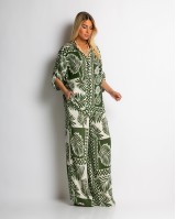 Σετ πουκάμισο και παντελόνι με tropical print λαδί