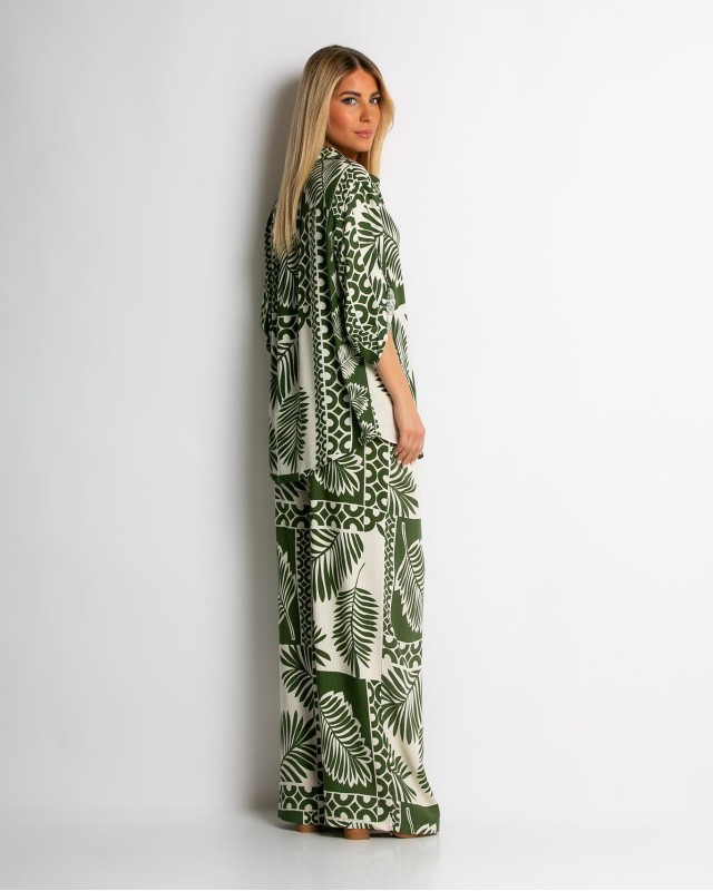 Σετ πουκάμισο και παντελόνι με tropical print λαδί
