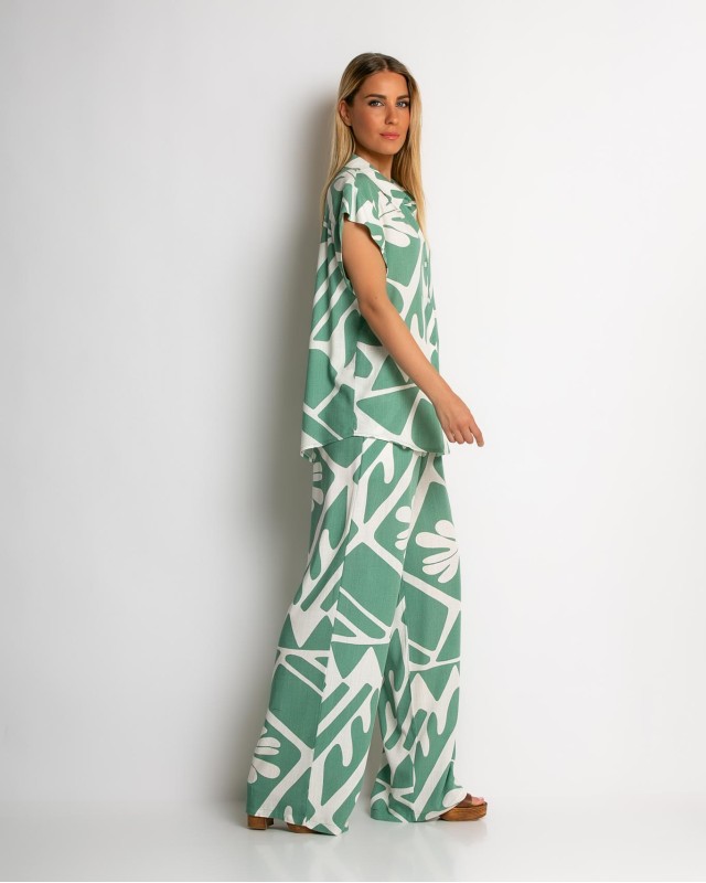 Σετ πουκάμισο και παντελόνι με art leaf print μέντα Σετ πουκάμισο και παντελόνι με art leaf print μέντα