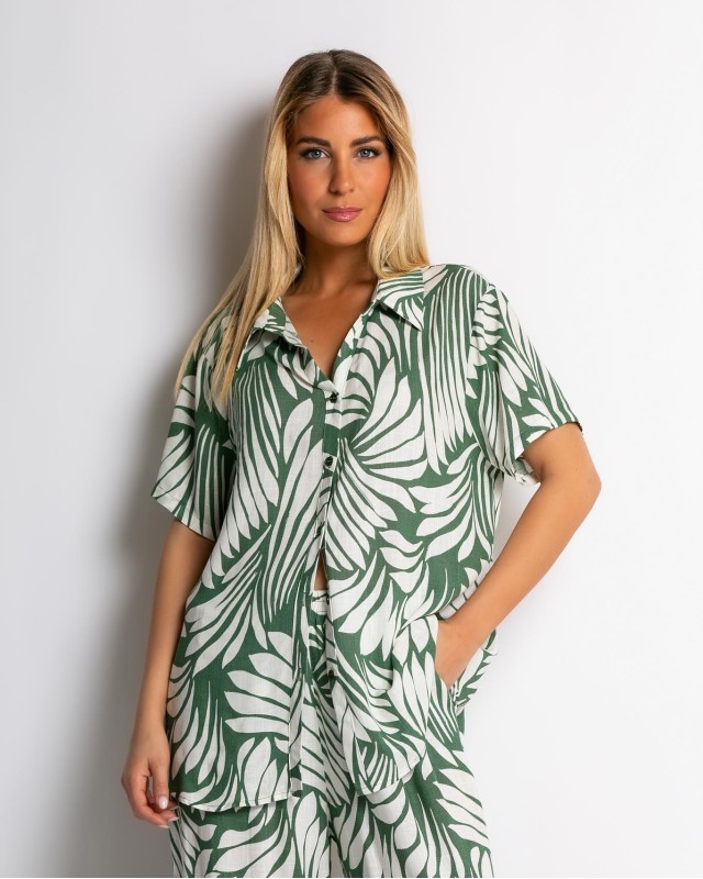 Σετ με leaf print πουκάμισο & παντελόνι χακί Σετ με leaf print πουκάμισο & παντελόνι χακί
