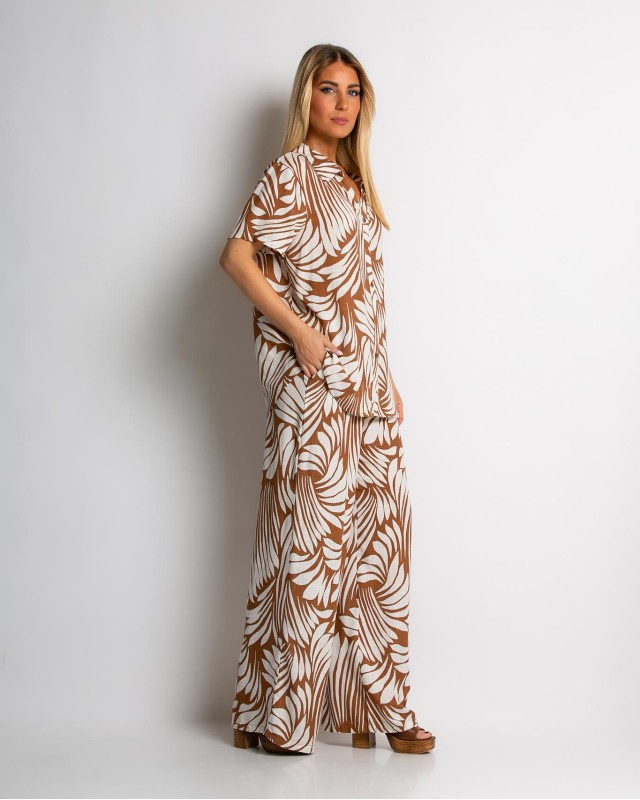 Σετ με leaf print πουκάμισο & παντελόνι ταμπά Σετ με leaf print πουκάμισο & παντελόνι ταμπά