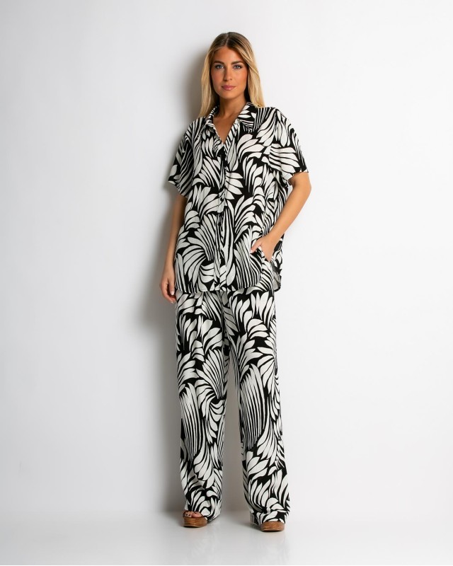 Σετ με leaf print πουκάμισο & παντελόνι μαύρο Σετ με leaf print πουκάμισο & παντελόνι μαύρο