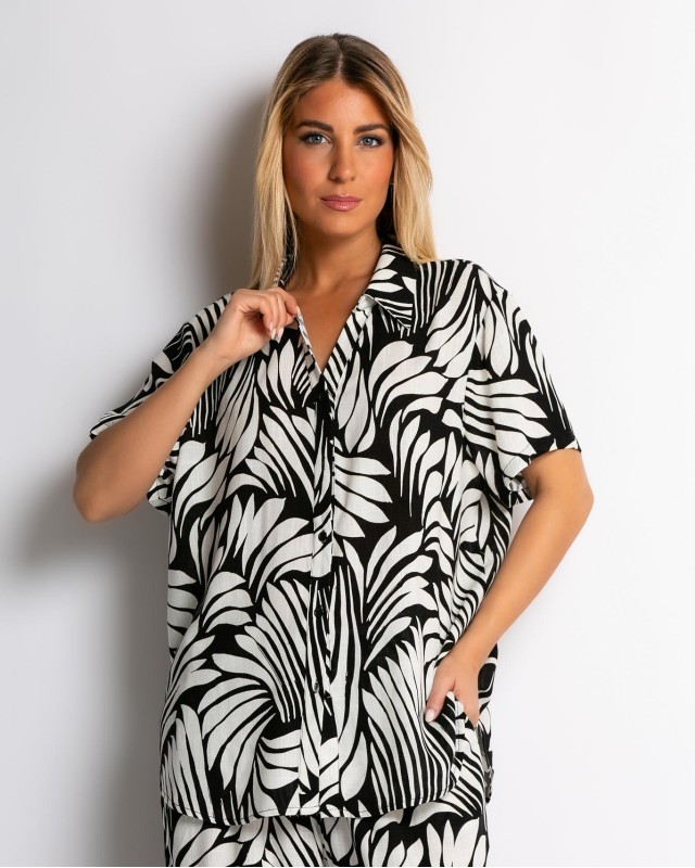 Σετ με leaf print πουκάμισο & παντελόνι μαύρο Σετ με leaf print πουκάμισο & παντελόνι μαύρο