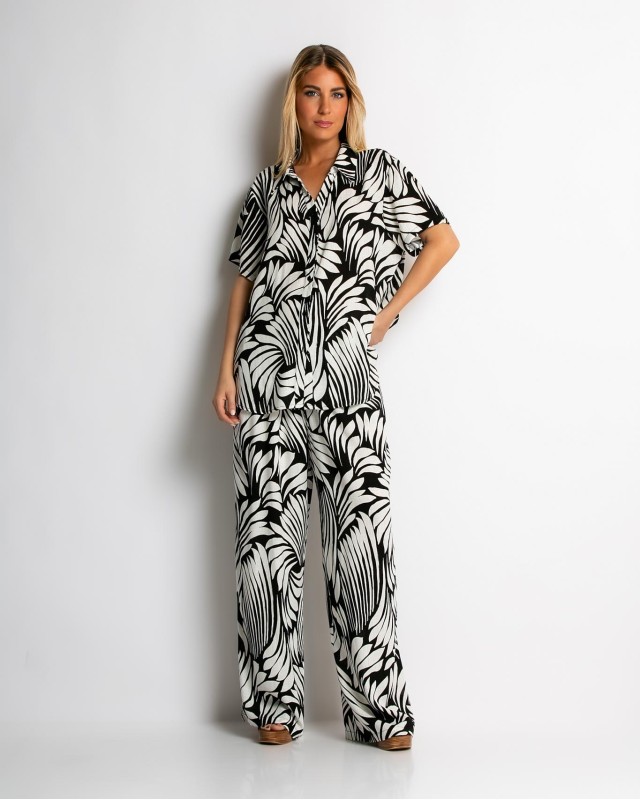 Σετ με leaf print πουκάμισο & παντελόνι μαύρο Σετ με leaf print πουκάμισο & παντελόνι μαύρο