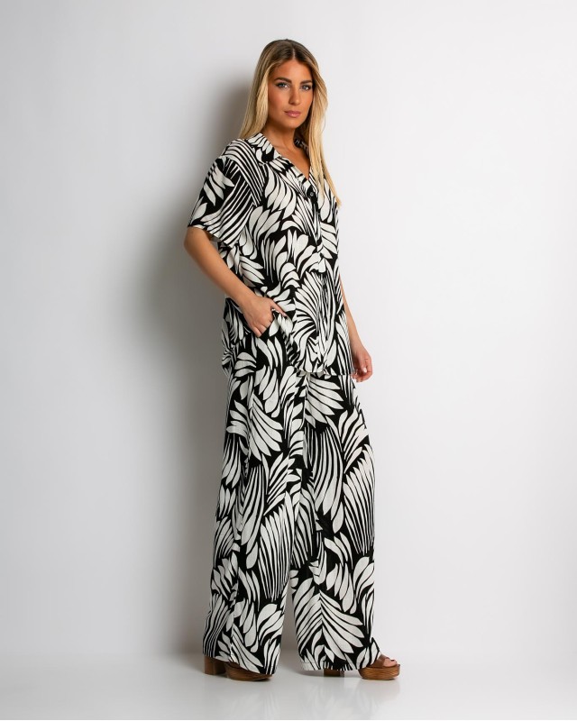 Σετ με leaf print πουκάμισο & παντελόνι μαύρο Σετ με leaf print πουκάμισο & παντελόνι μαύρο