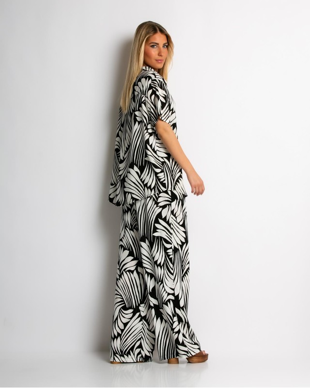 Σετ με leaf print πουκάμισο & παντελόνι μαύρο Σετ με leaf print πουκάμισο & παντελόνι μαύρο