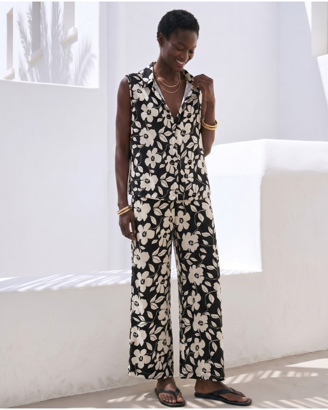 Σετ αμάνικο πουκάμισο & παντελόνι με flower print μαύρο