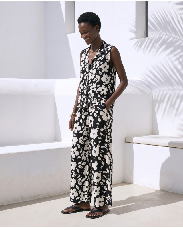 Σετ αμάνικο πουκάμισο & παντελόνι με flower print μαύρο