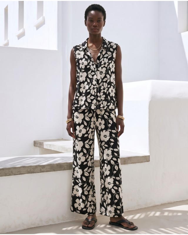 Σετ αμάνικο πουκάμισο & παντελόνι με flower print μαύρο