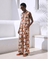 Σετ αμάνικο πουκάμισο & παντελόνι με flower print καφέ
