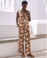 Σετ αμάνικο πουκάμισο & παντελόνι με flower print καφέ