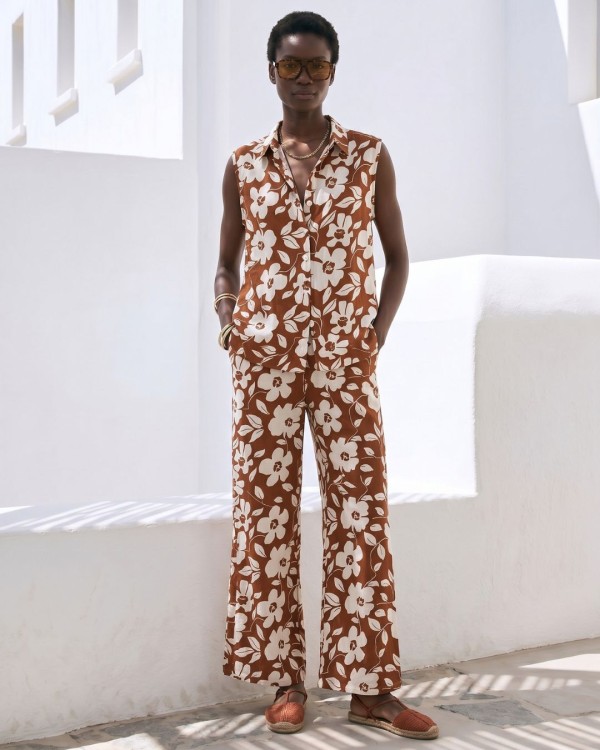 Σετ αμάνικο πουκάμισο & παντελόνι με flower print καφέ