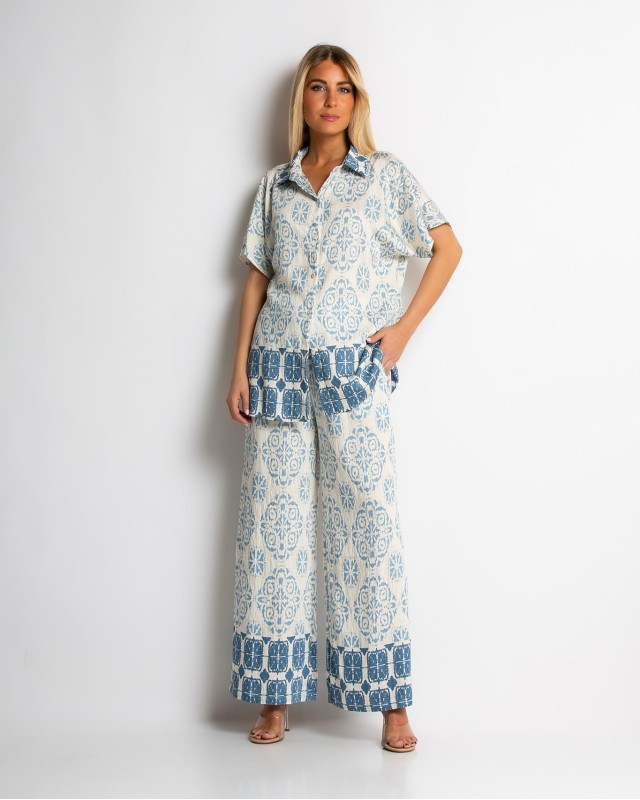 Σετ πουκάμισο και παντελόνι με boho print σιέλ Σετ πουκάμισο και παντελόνι με boho print σιέλ