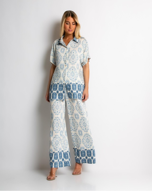 Σετ πουκάμισο και παντελόνι με boho print σιέλ Σετ πουκάμισο και παντελόνι με boho print σιέλ