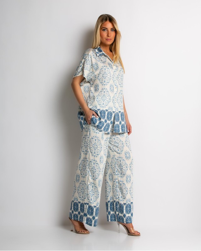 Σετ πουκάμισο και παντελόνι με boho print σιέλ Σετ πουκάμισο και παντελόνι με boho print σιέλ