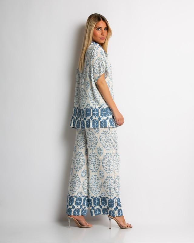 Σετ πουκάμισο και παντελόνι με boho print σιέλ Σετ πουκάμισο και παντελόνι με boho print σιέλ