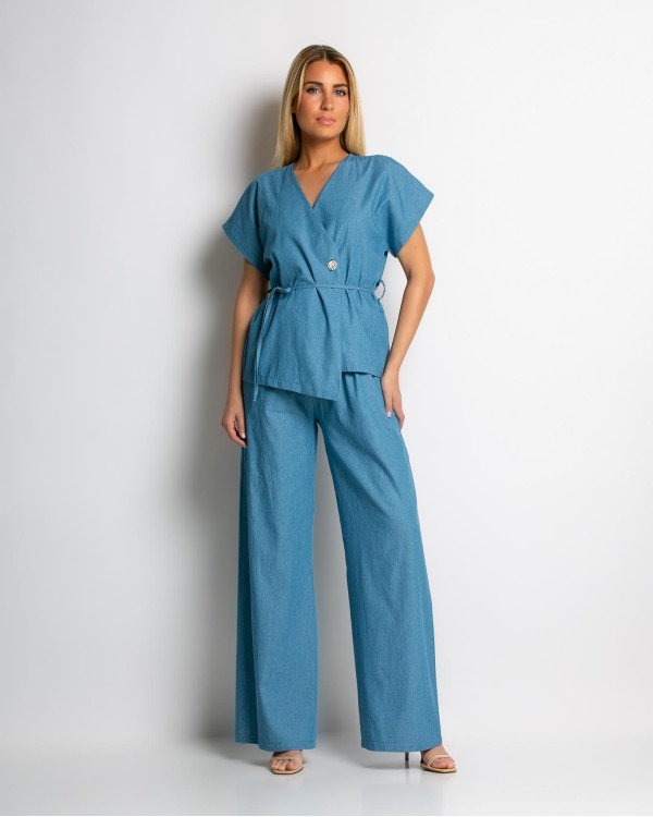 Σετ κιμονό με δέσιμο και παντελόνα denim