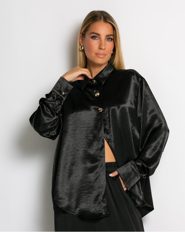 Πουκάμισο σατινέ με χρυσά κουμπιά μαύρο