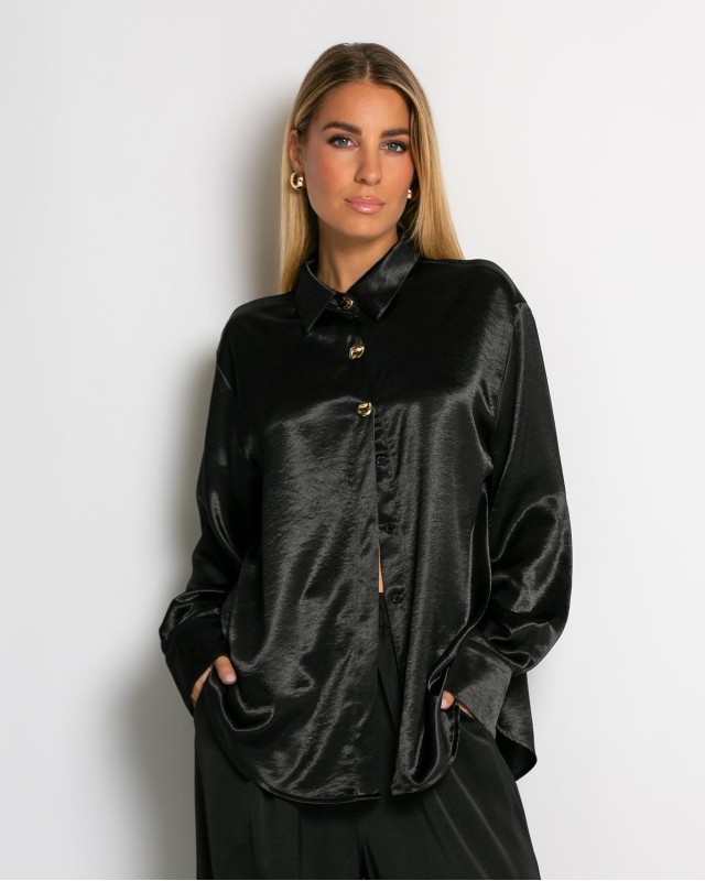 Πουκάμισο σατινέ με χρυσά κουμπιά μαύρο