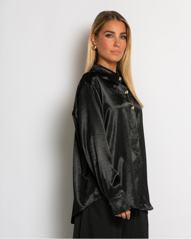Πουκάμισο σατινέ με χρυσά κουμπιά μαύρο