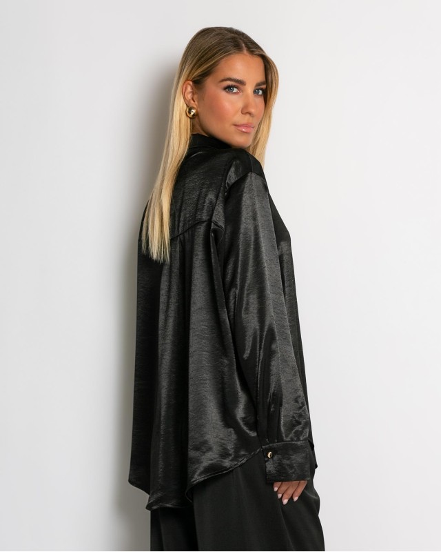 Πουκάμισο σατινέ με χρυσά κουμπιά μαύρο