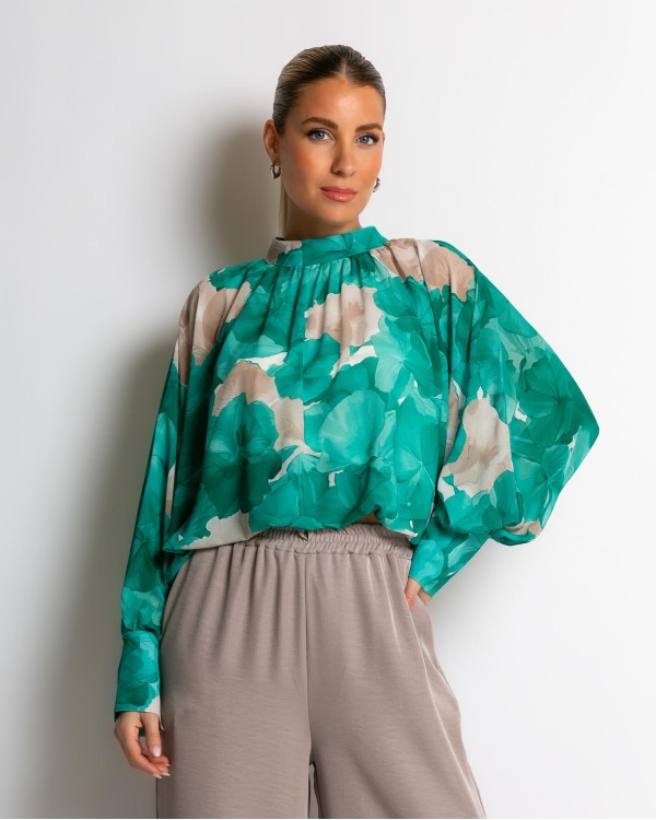 Πουκαμίσα με μανίκι balloon floral πράσινο