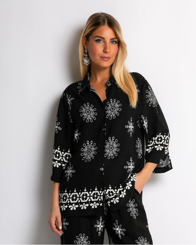 Σετ πουκάμισο και παντελόνι με ethnic print μαύρο Σετ πουκάμισο και παντελόνι με ethnic print μαύρο