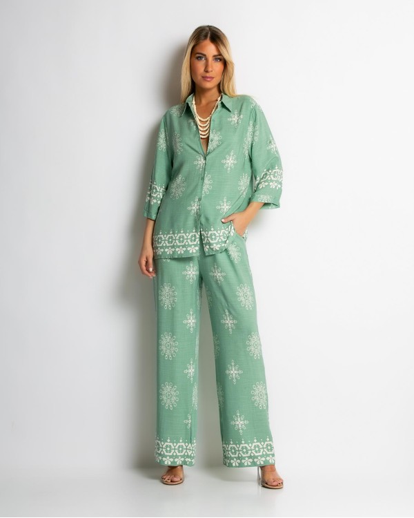 Σετ πουκάμισο και παντελόνι με ethnic print μέντα