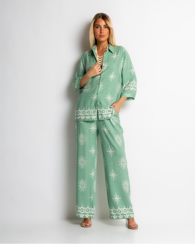 Σετ πουκάμισο και παντελόνι με ethnic print μέντα Σετ πουκάμισο και παντελόνι με ethnic print μέντα