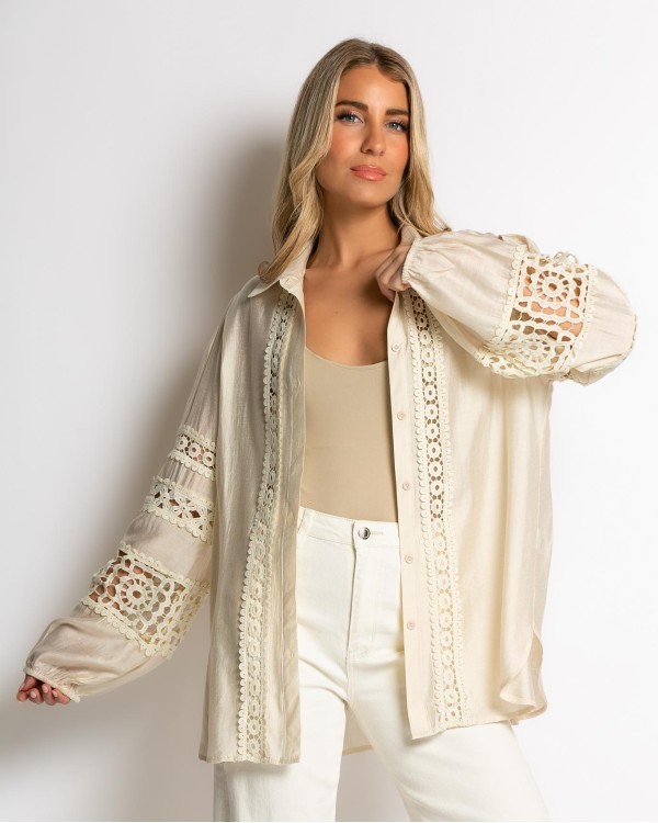 Πουκάμισο με σχέδιο δαντέλα μπεζ