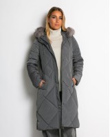 Μπουφάν μακρύ με κουκούλα & αποσπώμενη γούνα γκρι